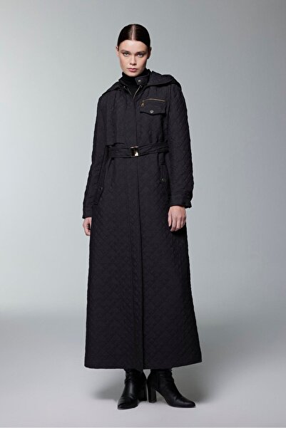 Zühre Hooded Black Topcoat with Zipper and Belt Detail 13993