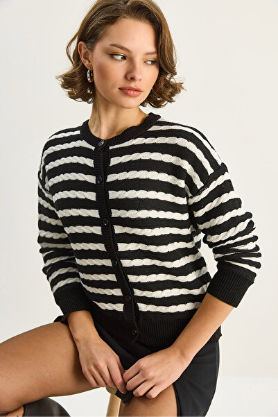 Bianco Lucci Women's Striped Hair Knit Basic Knitwear Cardigan 2504 60283726