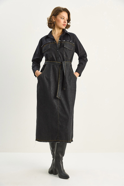Bianco Lucci Women's Shirt Collar Denim Dress with Belt 8171 60351337