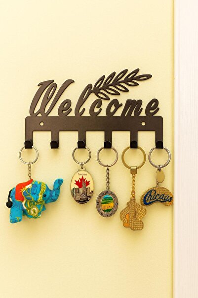 VENON Black Leaf Welcome Metal Key Ring Hanger Modern Wall Decor with Hanging