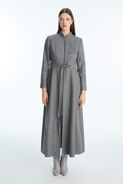 Zühre Hakim Collar Patterned Gray Overcoat 13944
