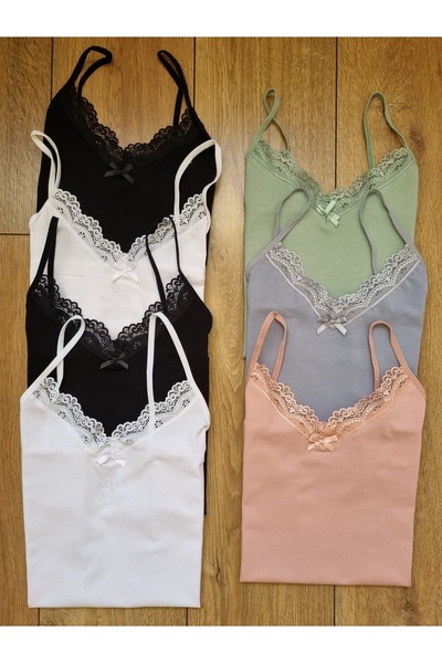 Demirsa Boutique Women's 7-Pack Lace Cotton String Strap Tank Top Blue, Green, Powder, 2 Black, 2 White