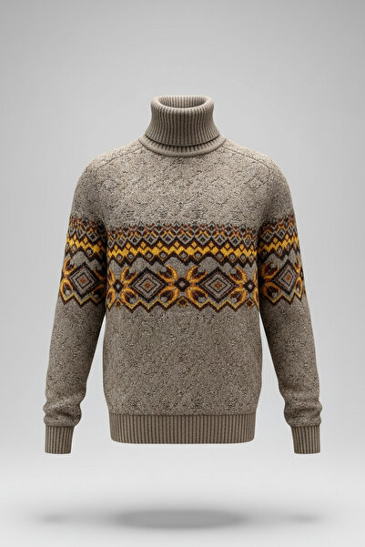 Pulltonic Erkek Desenli Balıkçı Yaka Kazak | %68 Kuzu Yünü