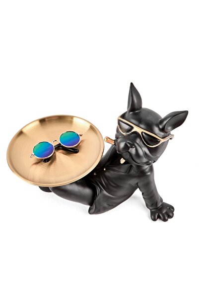 OEM Decorative French Bulldog Figurine with Tray, 19x17cm, Matte Black/Matte Gray