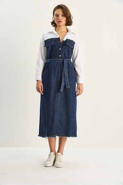 Bianco Lucci Women's Shirt Collar Denim Dress with Belt 8171 60351337