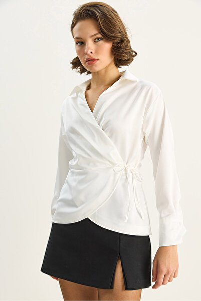 Bianco Lucci Women's Double-Breasted Side Tie Satin Shirt 2133 60283752