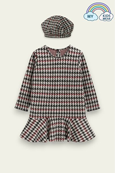 My Kids Wear Girl's Patterned Winter Dress and Hat Set 3-12 Years 12262