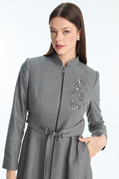 Zühre Hakim Collar Patterned Gray Overcoat 13944