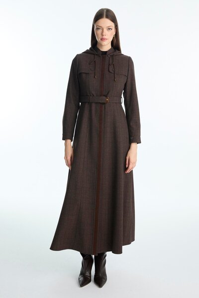 Zühre Hooded and Belted Brown Overcoat 13955