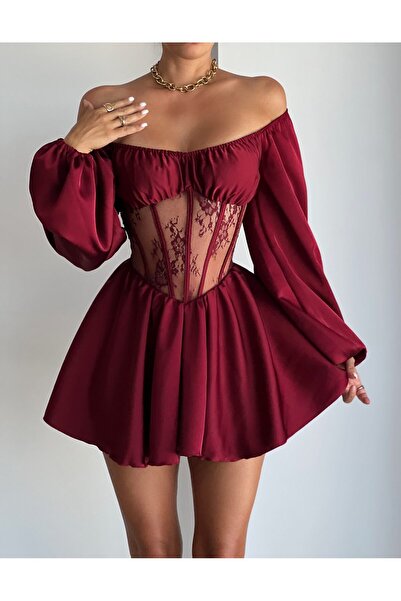 Elia Swimwear Mini Corset Dress With Lace Baby Doll With Puff Sleeves Satin Burgundy Safira