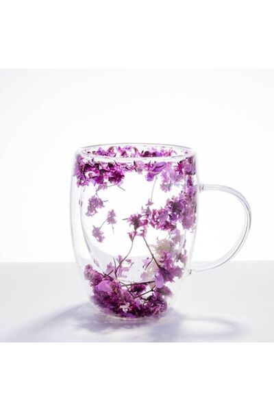 Malooki Double-walled glass mug with dried flowers – Dark violet, 350 ml