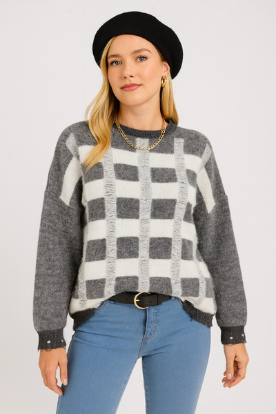 Minora Minoralady Women's Soft Square Pattern Oversized Soft Textured Bearded Knitwear Sweater Gray