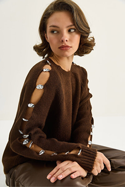 Bianco Lucci Women's Crew Neck Accessory Detailed Knitwear Sweater 4688 60283737