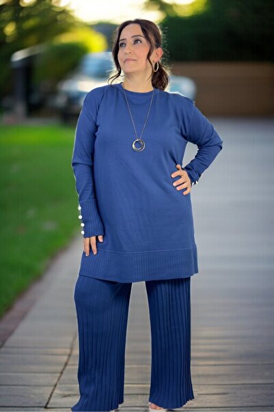 yagmurberen Button Detail Long Tunic Pleated Waist Elasticated Pants Plus Size Mercherized Suit