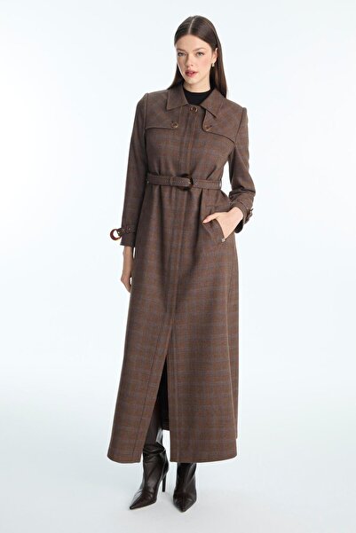 Zühre Plaid Patterned Belted Tan Overcoat 13927