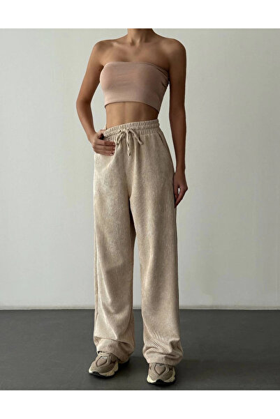 Myra Elastic Waist Velvet Trousers-Cream