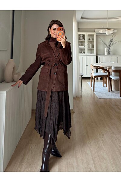 Fistan Byn Melisa Kuşaklı Süet Blazer Kahve