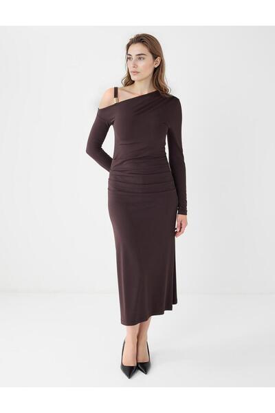 Jimmy Key Acı Kahve Asimetrik Yaka Uzun Kollu Örme Midi Elbise