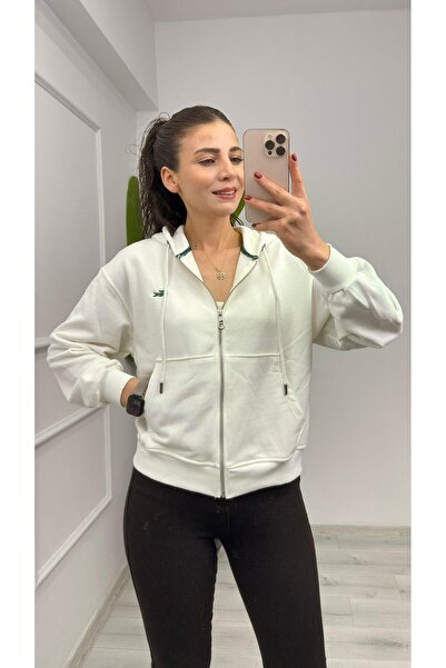 TUNAM BUTİK 2615 سترة رياضية بسحاب وتفاصيل جيب على شكل قلنسوة باللون الأبيض