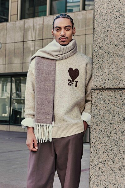 ablukaonline Men's Patterned Oversized Knitwear Sweater Beige