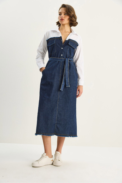 Bianco Lucci Women's Shirt Collar Denim Dress with Belt 8171 60351337