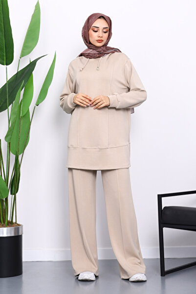 İmajButik Beige Hooded Tunic Pants Set