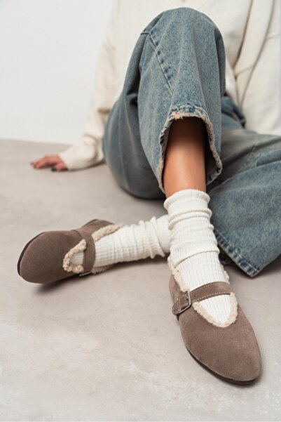 NİŞANTAŞI SHOES Norton Dark Beige Suede Genuine Leather Buckle Inside Fur Lined Flat Sole Women's Ballerinas