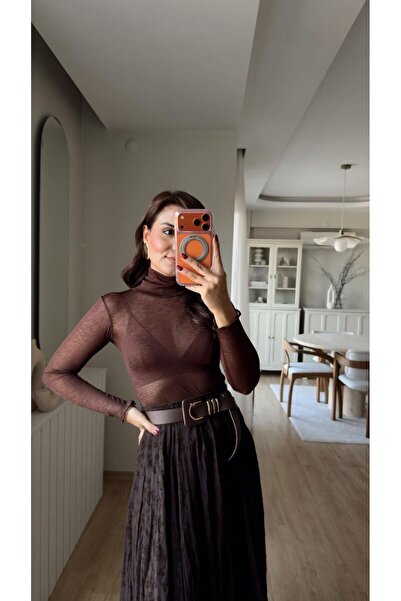 Fistan Byn Melisa Balıkçı Yaka Transparan Bluz Kahve