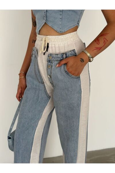 rose tml giyim Women's Denim Side Linen Design Trousers