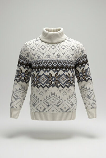 Pulltonic Erkek Desenli Balıkçı Yaka Kazak | %68 Kuzu Yünü