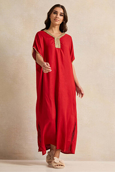 REDTAG Women Red Embellished Neck Lace Nightgown