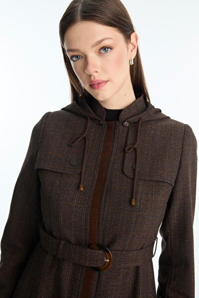 Zühre Hooded and Belted Brown Overcoat 13955