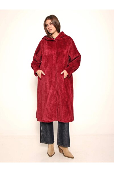 Coral Geniş Manşetli Kürk Kaban 70046 Bordo