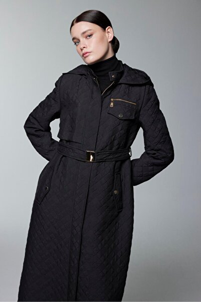 Zühre Hooded Black Topcoat with Zipper and Belt Detail 13993