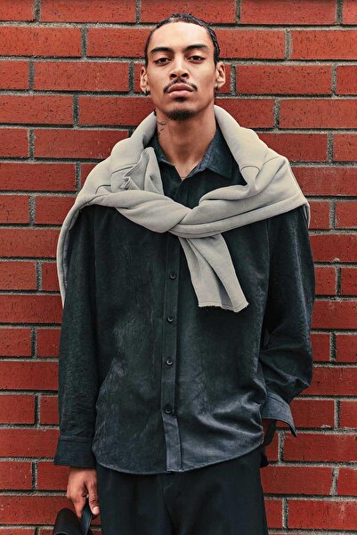 ablukaonline Men's Oversized Effect Modal Shirt Black