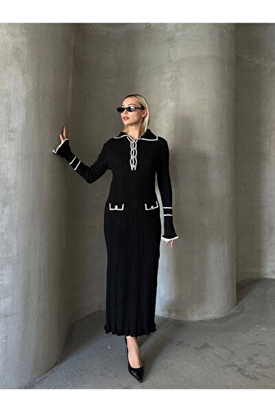 Paraf style فستان طويل بياقة هاكم مع خطوط متباينة