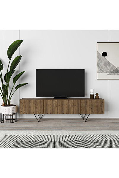 Mourah Home خزانة تلفزيون | خزانة تلفزيون بثلاثة أبواب مع أرجل معدنية متينة | ١٦٠×٣٧×٤٢ سم | بني