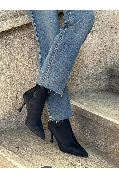 ERVANIN BUTİĞİ Süet Siyah Streç (Seth) Topuklu Kadın Bot