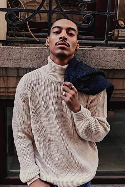 ablukaonline Men's Oversized Turtleneck High Neck Sweater Beige