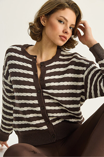 Bianco Lucci Women's Striped Hair Knit Basic Knitwear Cardigan 2504 60283726