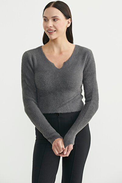 Sementa Soft Crop Knit Sweater with Collar Detail - Smoked