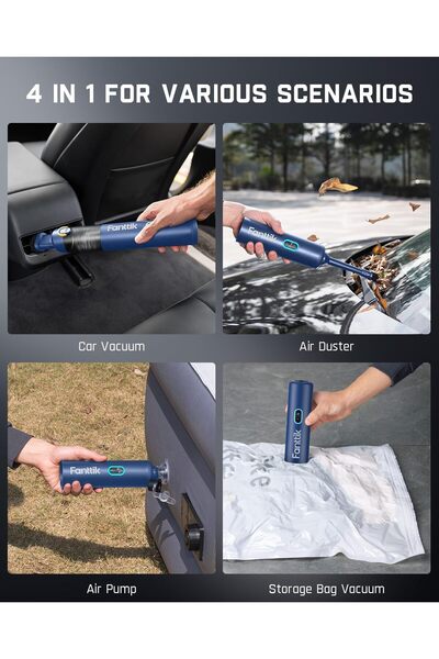 Fanttik Slim V8 Apex Car Vacuum Cleaner, High Power 19000PA, Portable 4 in 1, Fast Charging Blue