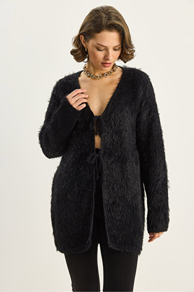 Bianco Lucci Women's Bearded Soft Textured Tie Detailed Knitwear Cardigan 9064 60283754