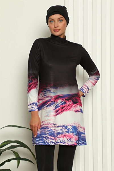 alfa expres Clothing Full Hijab Digital Patterned Swimsuit Black