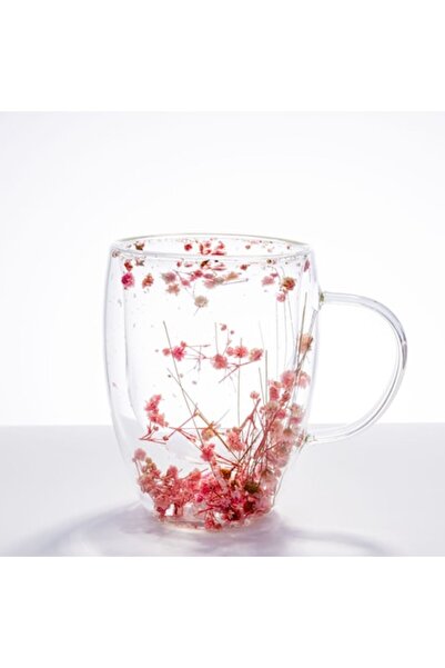 Malooki Double-walled glass mug with dried flowers – Delicate pink, 350 ml