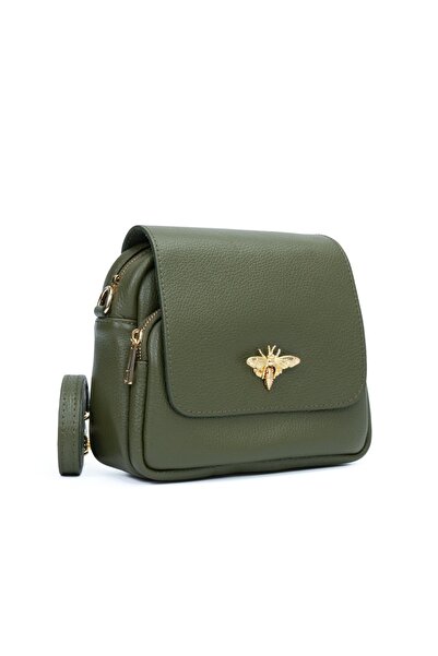 Posete Fagaras Simone Leather Purse - Khaki, 2 Compartments, 2 Pockets, Adjustable Strap 125 cm