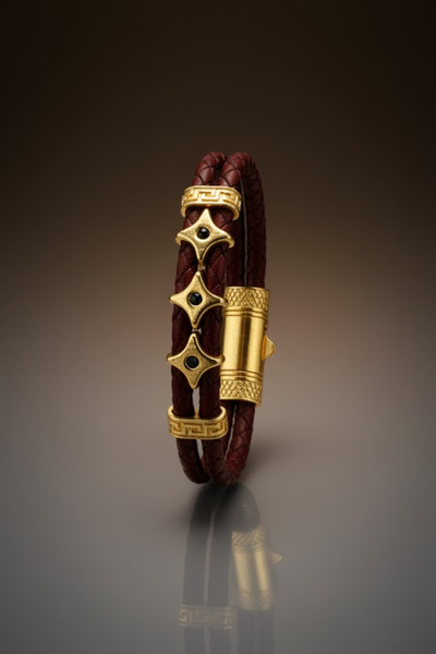 OSMANLI GÜMÜŞ Men's Bijouterie Burgundy Greek Patterned Triple Ninja Star Motif Leather Bracelet