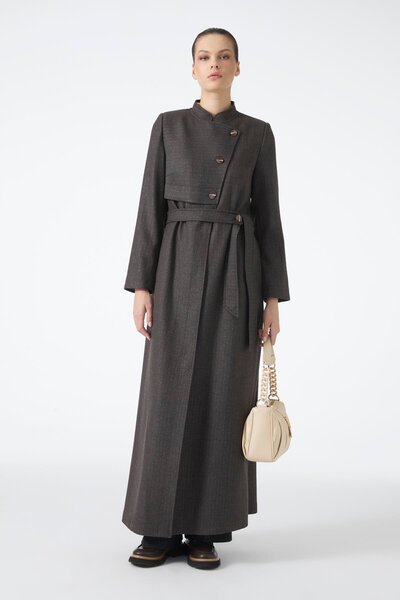 Zühre Hakim Collar Button Detailed Belted Brown Overcoat 14001