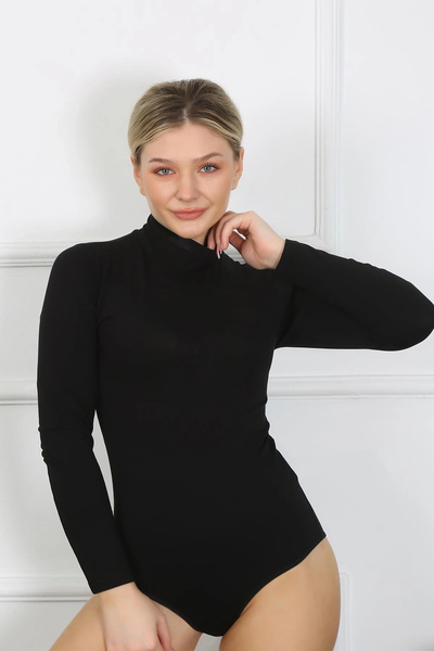 alfa expres Clothing Long Sleeve High Neck Snap Fastener Bodysuit Black