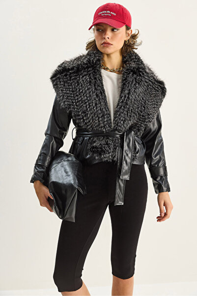 Bianco Lucci Women's Fur Collar Belted Lined Faux Leather Jacket 60571 60283736